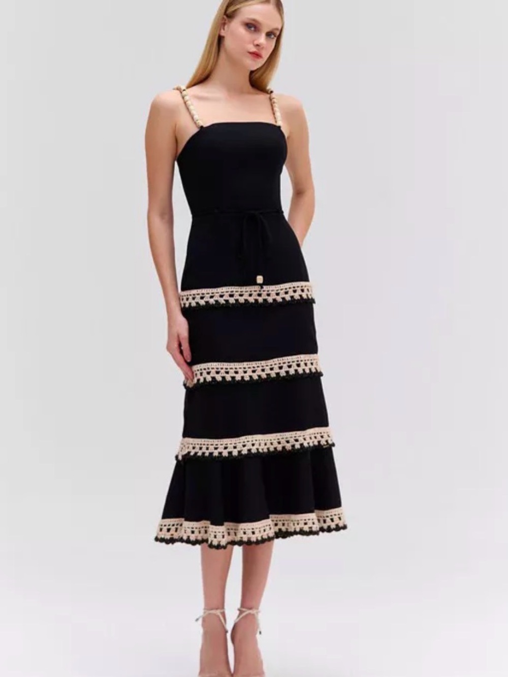 PatBO Black Midi Dress with Cream Crochet Trim